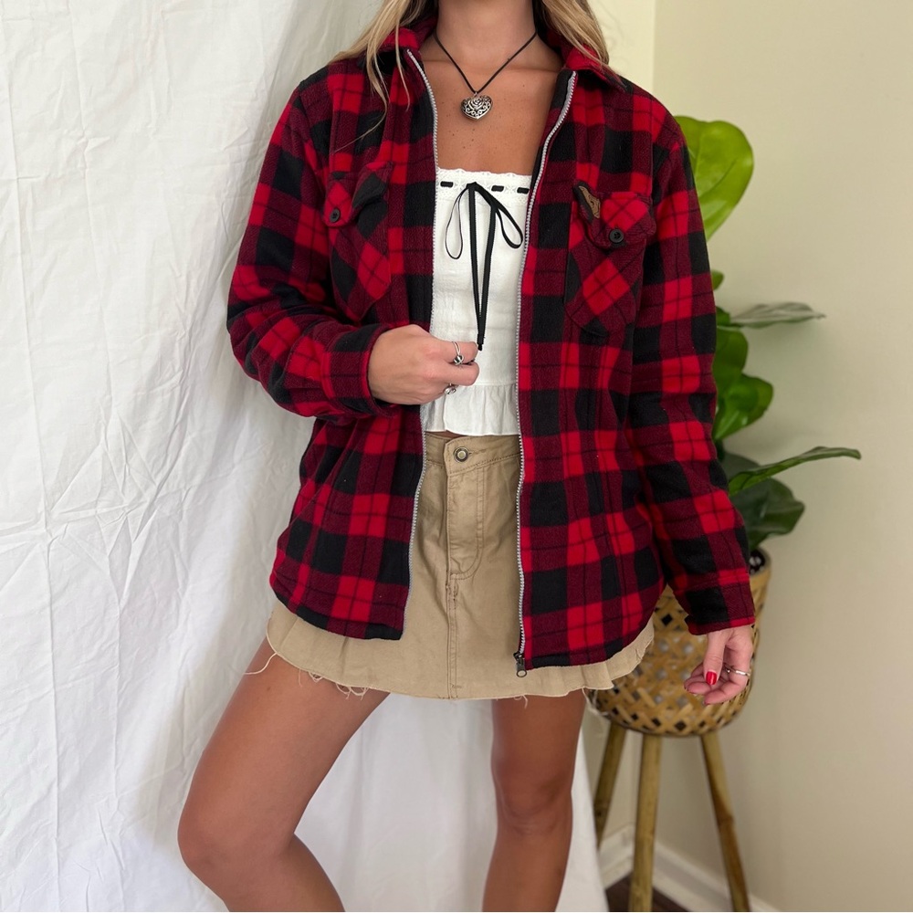 Vintage Red + Black Plaid Fleece Zip-Up Shacket